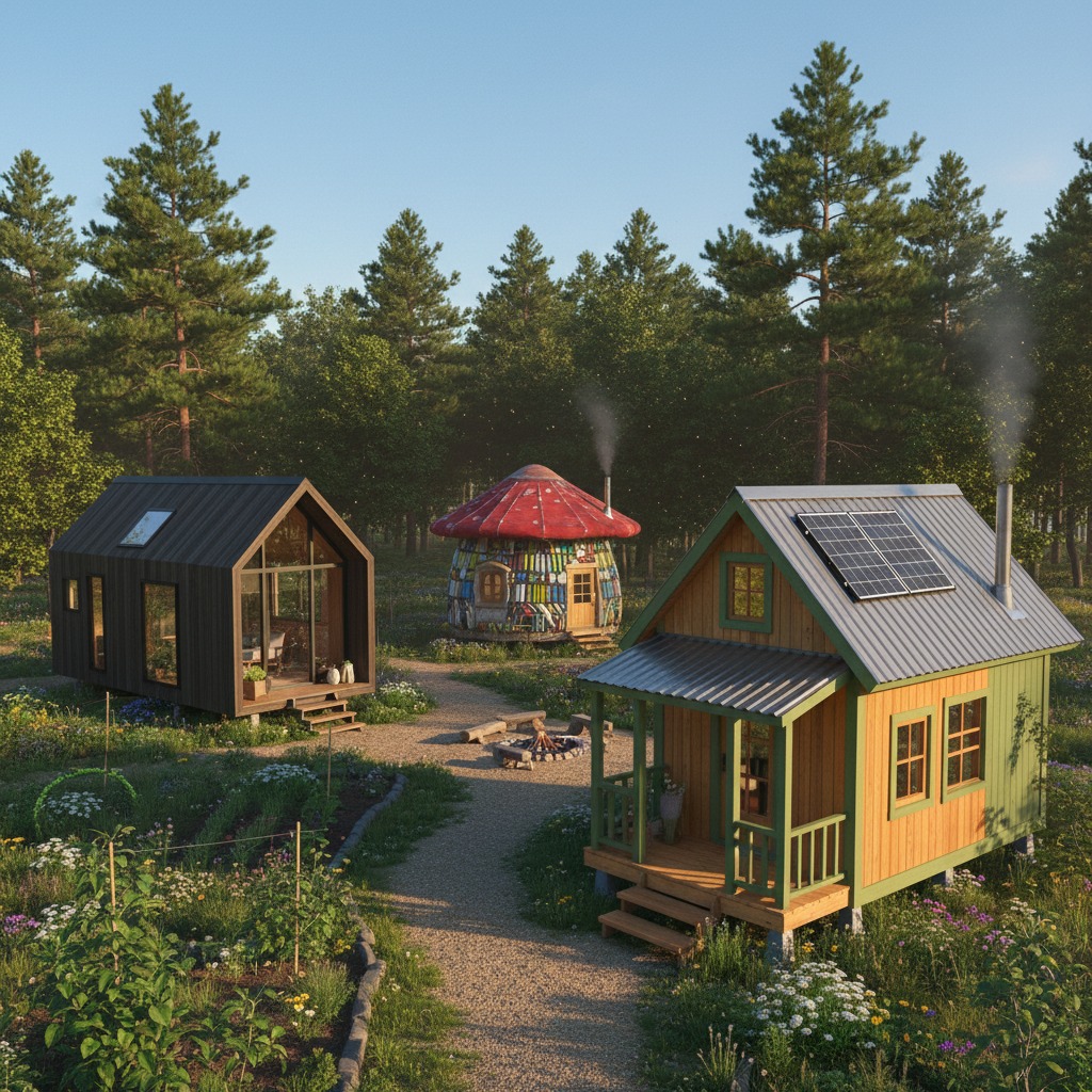 Three tiny homes surround a small path and firepit with log benches around it. They are surrounded by trees.